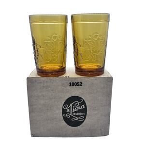 Tiara Indiana Glass Amber Nursery Rhyme Jack and Jill Tumblers Set of 2 Vintage